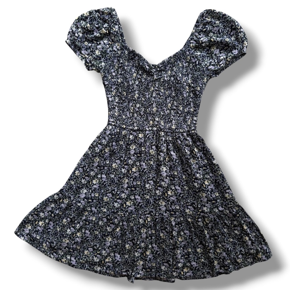 Hollister XS Short Navy Purple Ditsy Floral Puff Sleeves Smocked Mini Dress Boho
